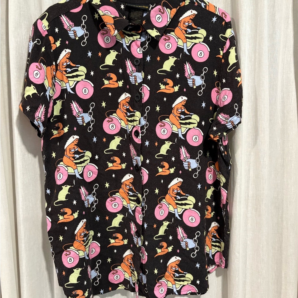 Nooworks Black Button Down Shirt with Pink and Orange Devil Babe Print